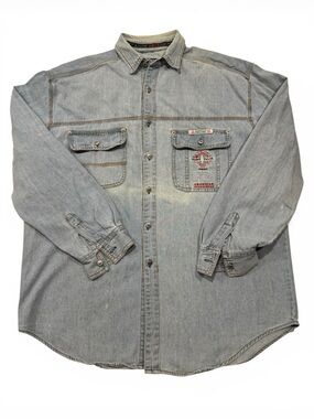Vintage Perry Ellis America - Light Wash Denim Button Down with Patch - Medium